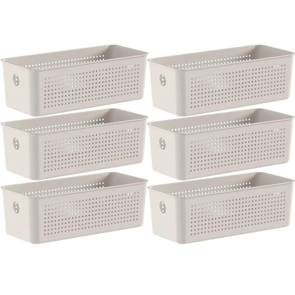 Kit 6 Cestos Organizadores Multiuso 4,2L Bege 26x12x13cm Flow Cestinho Retangular Ou Bege