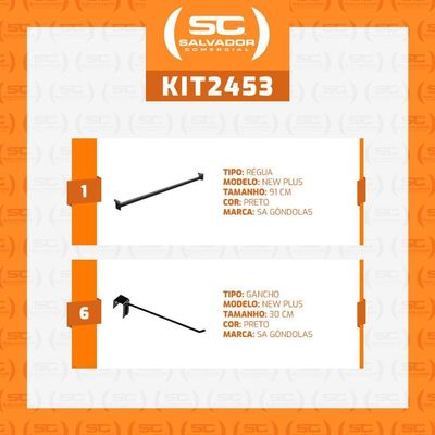 Kit - Régua Para Organização De Gondola 91cm + 6 Ganchos Simples Preto New Plus - Sa Gondolas