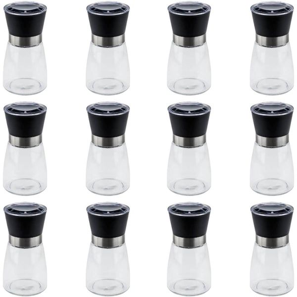 Kit 12 Moedores de Sal e Pimenta Lyor 170ml Vidro Moinho de Cerâmica e Tampa Plástica Preta