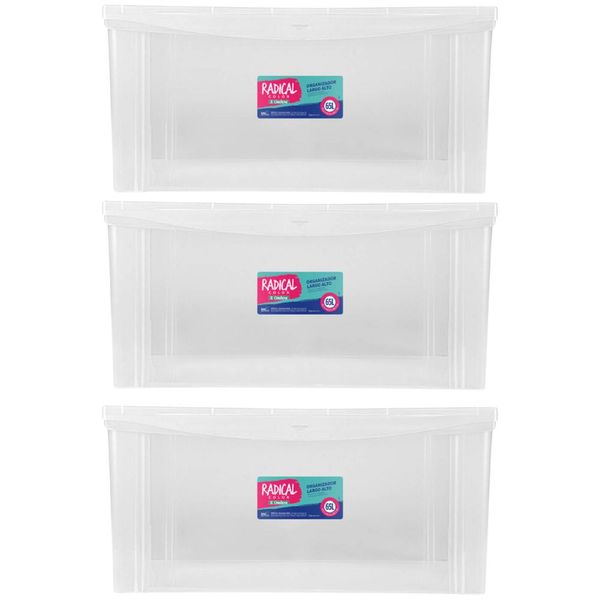 Kit 3 Caixas Máxi Organizadoras 65L Tampa com Trava Radical Incolor Multiuso
