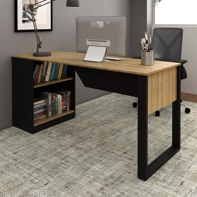 Mesa Para Escritório 160cm com 2 Prateleiras Amêndoa/Preto Tecnomobili