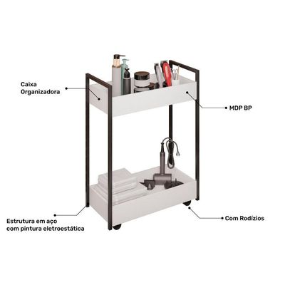 Carrinho Auxiliar Para Salão De Beleza Lara 70cm Em Aço Com Rodízios Branco - Desk Design