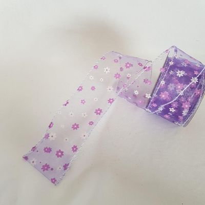Fita Aramada Voal Lilás Com Mini Flores Comp 9.14m