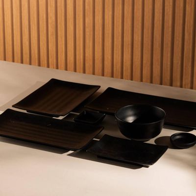Kit 6 Travessas Retangulares de Melamina Pretas 24,5x16,5cm Comida Japonesa Sushi Sashimi