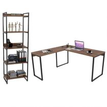 Conjunto Escritório Mesa 150xE Estante 5 Prateleiras Nogal