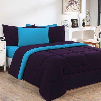 Kit Edredom + Jogo De Lençol Malha 100% Algodão Gran Moratta 7 Peças Queen - Roxo -azul Turquesa