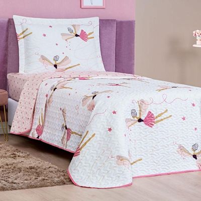 Kit Colcha Bailarina Solteiro Tecido Microfibra Dupla Face Quarto Infantil - Branco