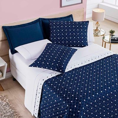 Kit Cobre Leito Celine Casal King Dupla Face Micropercal 200 Fios 03 Peças - Azul Marinho