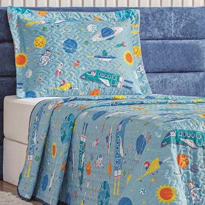 Kit Colcha Diverkids Astronauta Solteiro Tecido Microfibra Dupla Face Quarto Infantil - Azul