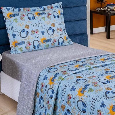 Kit Colcha Game Solteiro Tecido Microfibra Dupla Face Quarto Infantil - Azul