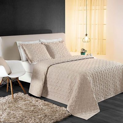 Kit Cobre Leito Colcha Tendência King 3 Peças Micropercal 200 Fios Bordado Premium - Cáqui