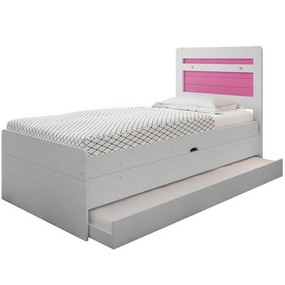 Cama Baú Solteiro Branco E Rosa Com Aux. E Colchões