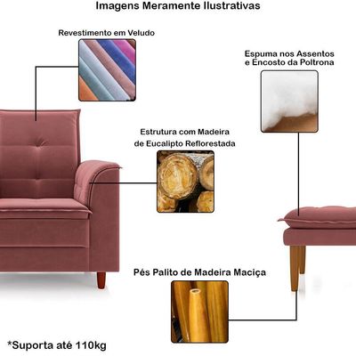 Poltrona De Amamentação Quarto De Bebê Gracy Com Puff Pés Palito Veludo Rosa G85 - Gran Belo
