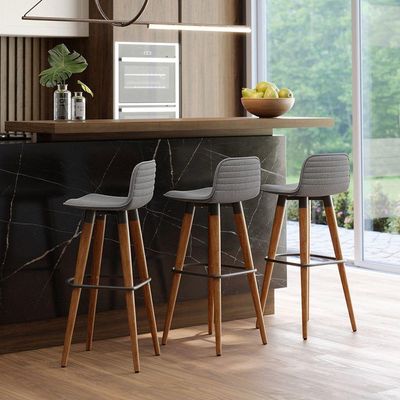 Kit 3 Banquetas Altas Luxo Linea Aço Preto Linho Cinza Preto