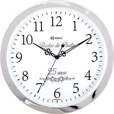 Relógio Parede 35cm Cromado Bodas De Prata Herweg 6816