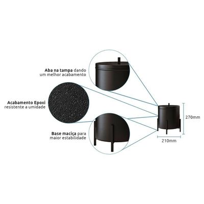 Kit Lixeira 6l E Porta Papel Higiênico Eleganza Metal Preto E Madeira