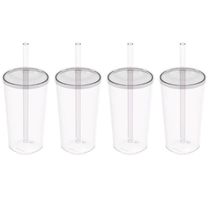 4 Copos com Tampa e Canudo 500ml Crippa Transparente Plástico Água Suco Bebidas