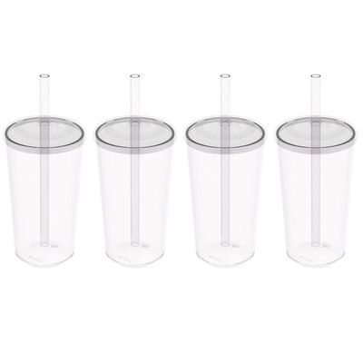 4 Copos com Tampa e Canudo 500ml Crippa Transparente Plástico Água Suco Bebidas
