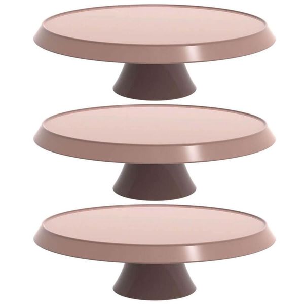 Kit 3 Bases Porta Bolos Tortas Doces 28cm com Pedestal Bubble Crippa Boleiras Cor Amêndoa