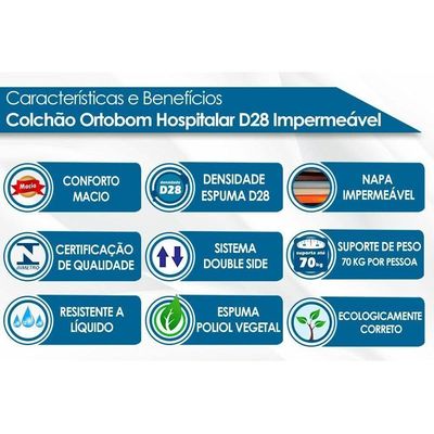 Colchão Solteiro Hospitalar Impermeável Espuma D28 Napa Azul (88x188x12) - Ortobom