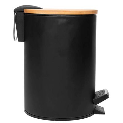 Lixeira 5L Metal Redonda com Pedal Preta Tampa Bambu Balde Interno Banheiro Preto