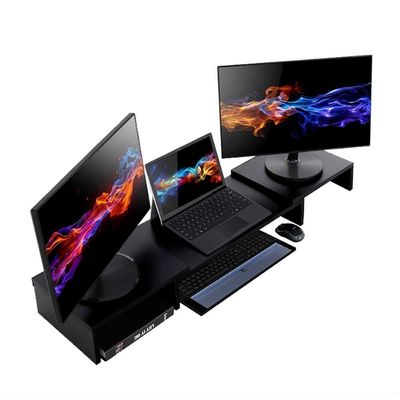 Suporte De Mesa Base Elevada Ajustável 3 Monitores Gamer Notebook Preto