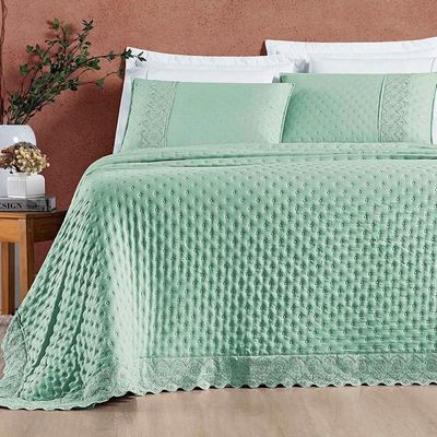 Kit Cobre Leito Colcha Nobre Casal King 3 Peças Micropercal 200 Fios Matelado - Verde Salvia