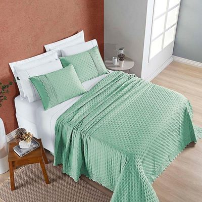Kit Cobre Leito Colcha Nobre Casal King 3 Peças Micropercal 200 Fios Matelado - Verde Salvia