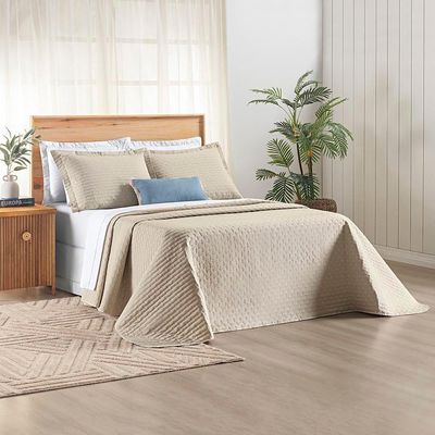 Kit Cobre Leito Colcha Quality Casal 3 Peças Percale 200 Fios Bordado - Cáqui
