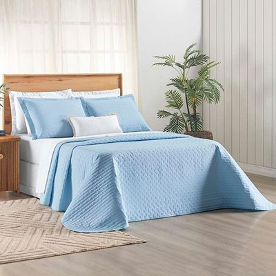 Kit Cobre Leito Colcha Quality King 3 Peças Percale 200 Fios Bordado - Azul Céu