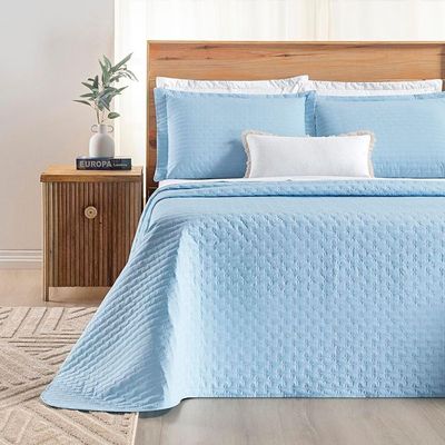 Kit Cobre Leito Colcha Quality King 3 Peças Percale 200 Fios Bordado - Azul Céu