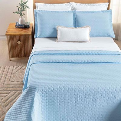 Kit Cobre Leito Colcha Quality King 3 Peças Percale 200 Fios Bordado - Azul Céu