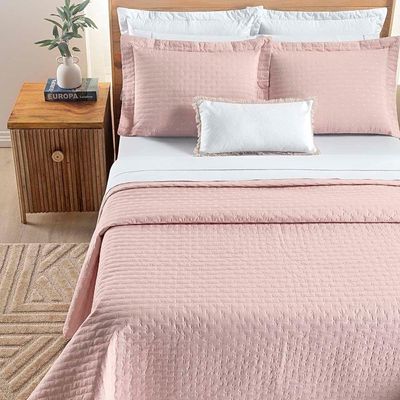 Kit Cobre Leito Colcha Quality Casal 3 Peças Percale 200 Fios Bordado - Rosa