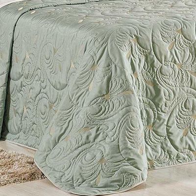 Kit Cobre Leito Colcha Diamante King 5 Peças Bordado Floral Dupla Face 180 Fios - Verde