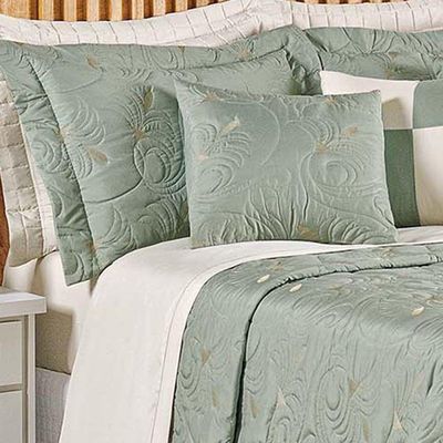 Kit Cobre Leito Colcha Diamante King 5 Peças Bordado Floral Dupla Face 180 Fios - Verde