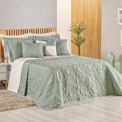 Kit Cobre Leito Colcha Diamante King 5 Peças Bordado Floral Dupla Face 180 Fios - Verde