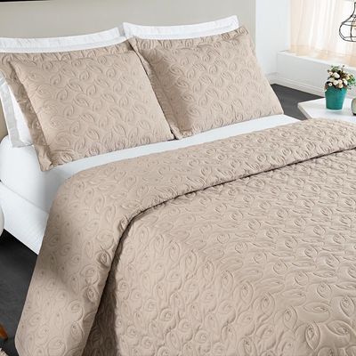 Kit Cobre Leito Colcha Tendência Casal 3 Peças Micropercal 200 Fios Bordado Premium - Cáqui