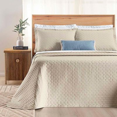 Kit Cobre Leito Colcha Quality King 3 Peças Percale 200 Fios Bordado - Cáqui
