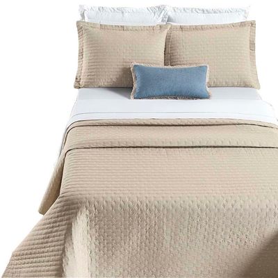 Kit Cobre Leito Colcha Quality King 3 Peças Percale 200 Fios Bordado - Cáqui