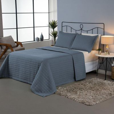 Kit Cobre Leito Colcha Unique Casal Padrão 3 Peças Matelado Percal 300 Fios - Azul