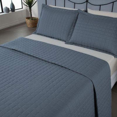 Kit Cobre Leito Colcha Unique Casal Padrão 3 Peças Matelado Percal 300 Fios - Azul
