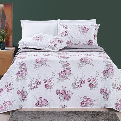 Kit Cobre Leito Colcha Júlia Queen 03 Peças Micropercal 200 Fios Duplaface Estampa Floral - Lilac