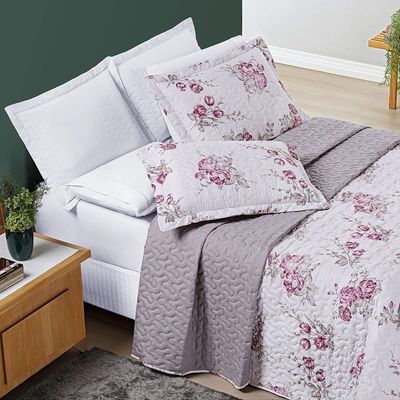 Kit Cobre Leito Colcha Júlia Queen 03 Peças Micropercal 200 Fios Duplaface Estampa Floral - Lilac