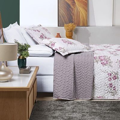 Kit Cobre Leito Colcha Júlia Queen 03 Peças Micropercal 200 Fios Duplaface Estampa Floral - Lilac