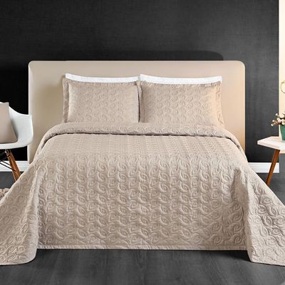 Kit Cobre Leito Colcha Tendência Queen 3 Peças Micropercal 200 Fios Bordado Premium - Cáqui