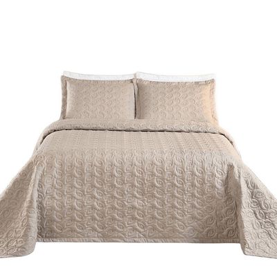 Kit Cobre Leito Colcha Tendência Queen 3 Peças Micropercal 200 Fios Bordado Premium - Cáqui