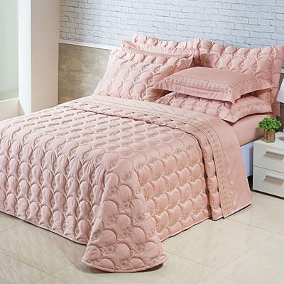 Kit Cobre Leito Colcha Garland Queen 100% Algodão 400 Fios Acetinado Bordado 5 Peças - Rosê E Fendi