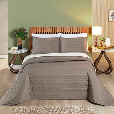 Kit Cobre Leito Belga Casal Padrão 03 Peças Micropercal 200 Fios Dupla Face - Camafeu Com Palha