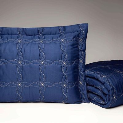 Kit Cobre Leito Casal Queen Nobreza 03 Peças Tecido Microfibra Bordado - Azul Marinho