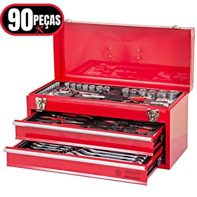 Baú Gabinete De Ferramentas Em Metal C/ 2 Gavetas + 90 Pçs